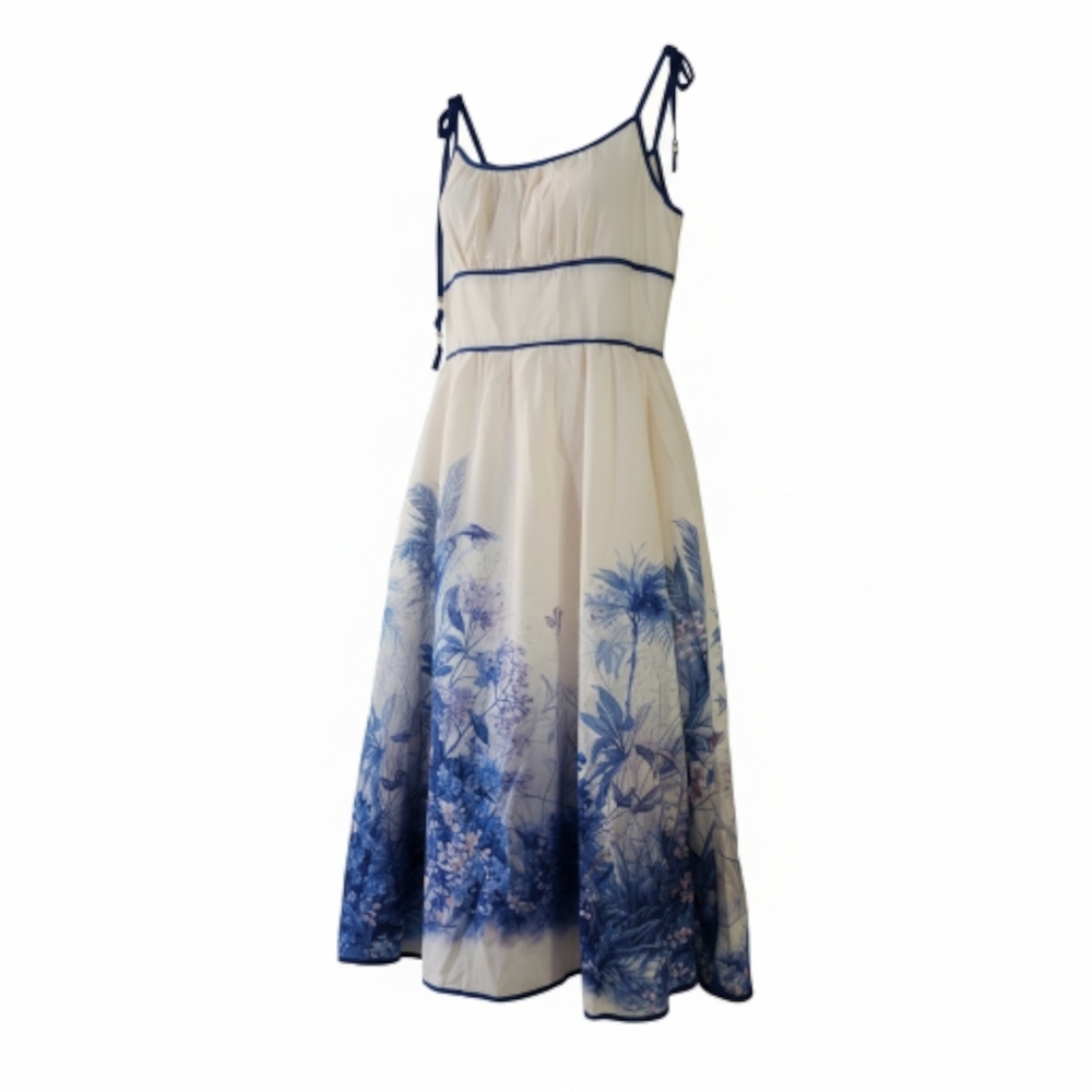Floral Blue and Cream Dress Large
